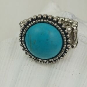 Boho Blue Silver & Turquoise Tone Demure Statement Stretch Ring